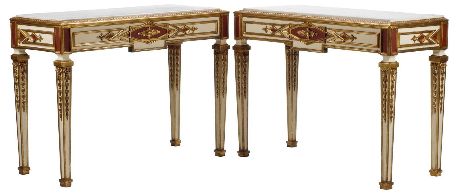 (2) NEOCLASSICAL STYLE MARBLE-TOP PARCEL-GILT CONSOLE TABLES: (pair) Neoclassical style parcel-gilt and paint-decorated console tables, each having rectangular marble top, rising on tapering squared supports, approx 35.5"h, 48"w, 20"d