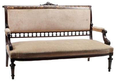 AMERICAN VICTORIAN BRASS-INLAID & UPHOLSTERED SETTEE / SOFA