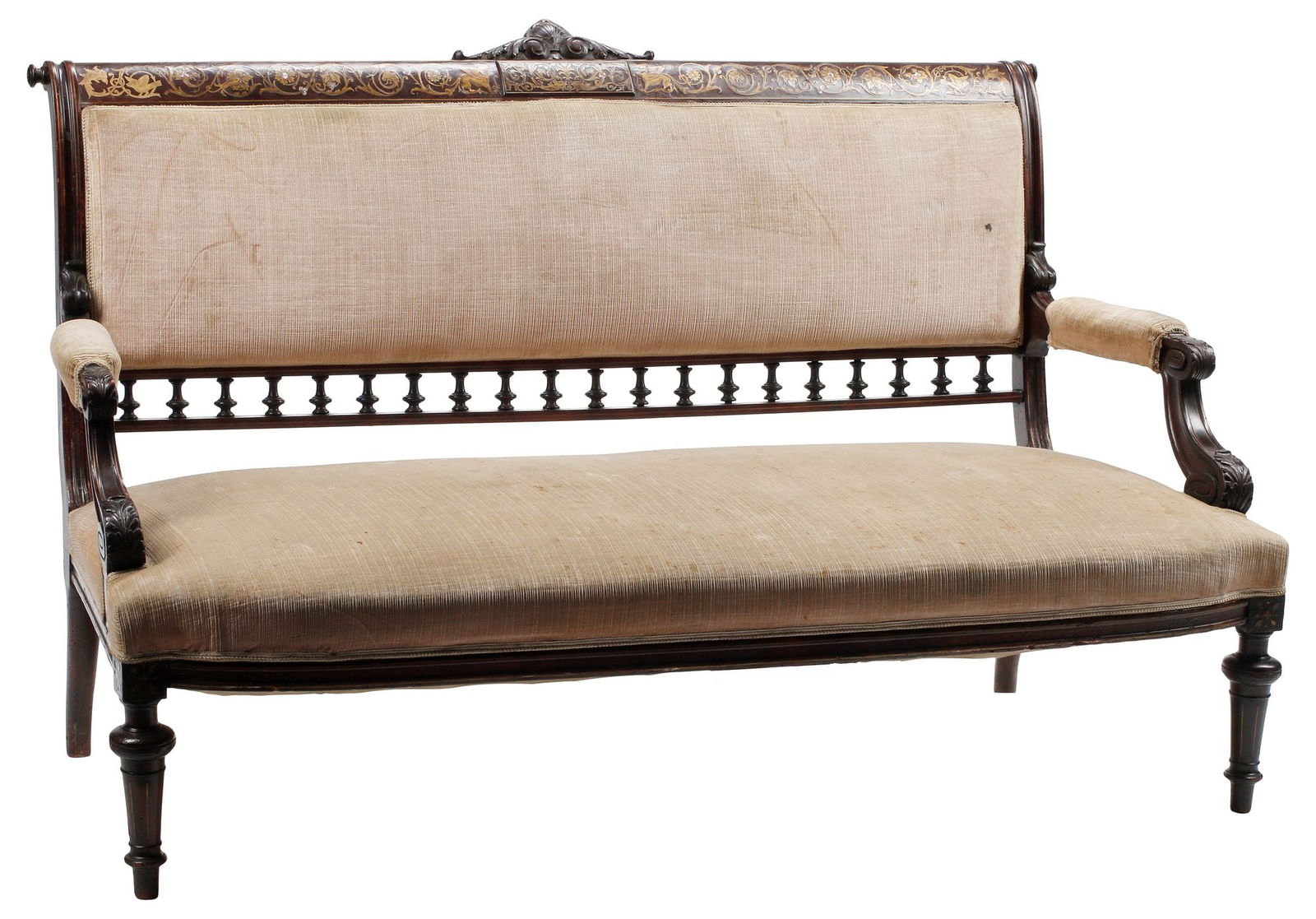AMERICAN VICTORIAN BRASS-INLAID & UPHOLSTERED SETTEE / SOFA (1 of 5)