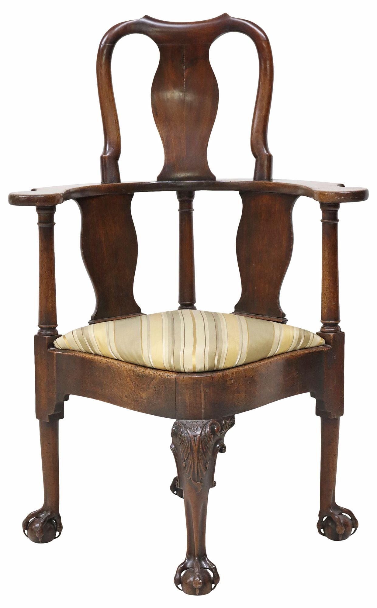 AMERICAN NEWPORT CHIPPENDALE MAHOGANY HIGHBACK CORNER CHAIR: American Chippendale mahogany highback corner chair, in the manner of the Goddard and Townsend Families, likely Newport, Rhode Island, 18th c., having scrolled top rail, above vasiform splats, padded