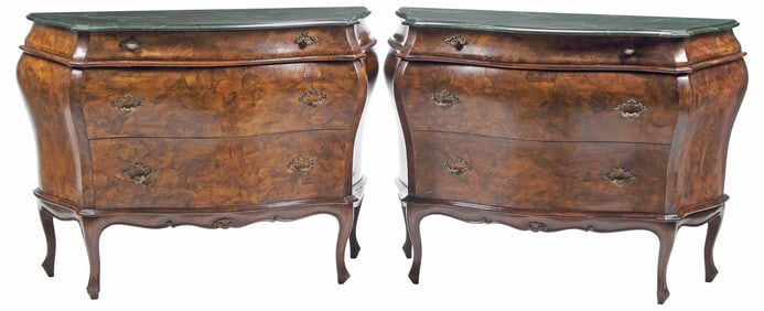 (2) ITALIAN ROCOCO STYLE BURL WALNUT & FAUX MARBLE COMMODES