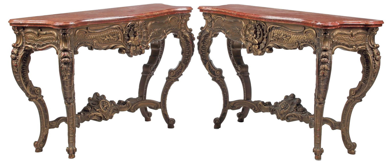 (2) LOUIS XV STYLE CONSOLE TABLES WITH FAUX MARBLE TOPS: (pair) Louis XV style giltwood console tables, with painted faux marble tops, above the frieze with rocaille and c-scrolls, on cabriole legs joined by cross stretcher, each with plaque stamped Revue S