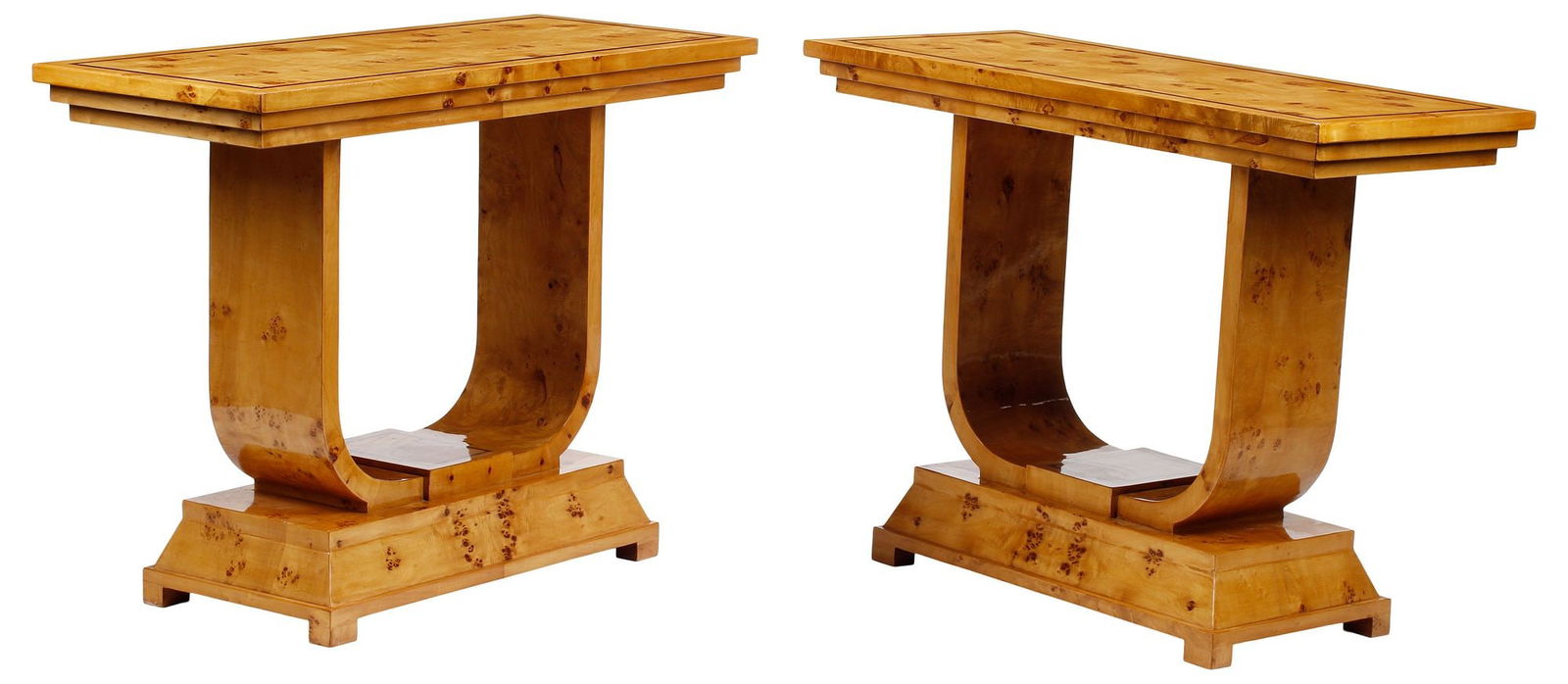 (2) ART DECO STYLE BURLWOOD CONSOLE TABLES: (pair) Art Deco style inlaid burlwood console tables, each having stepped rectangular top, rising on sculptural curved supports, ending on platform base and block feet, approx 34"h, 46.5"w, 19"d