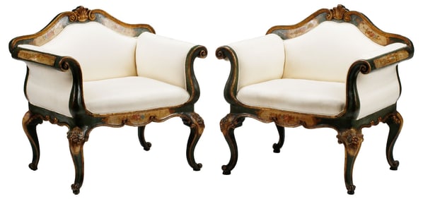 (2) ITALIAN VENETIAN PAINTED & UPHOLSTERED ARMCHAIRS