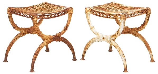 (2) FRENCH NEOCLASSICAL CAST IRON CURULE STOOLS