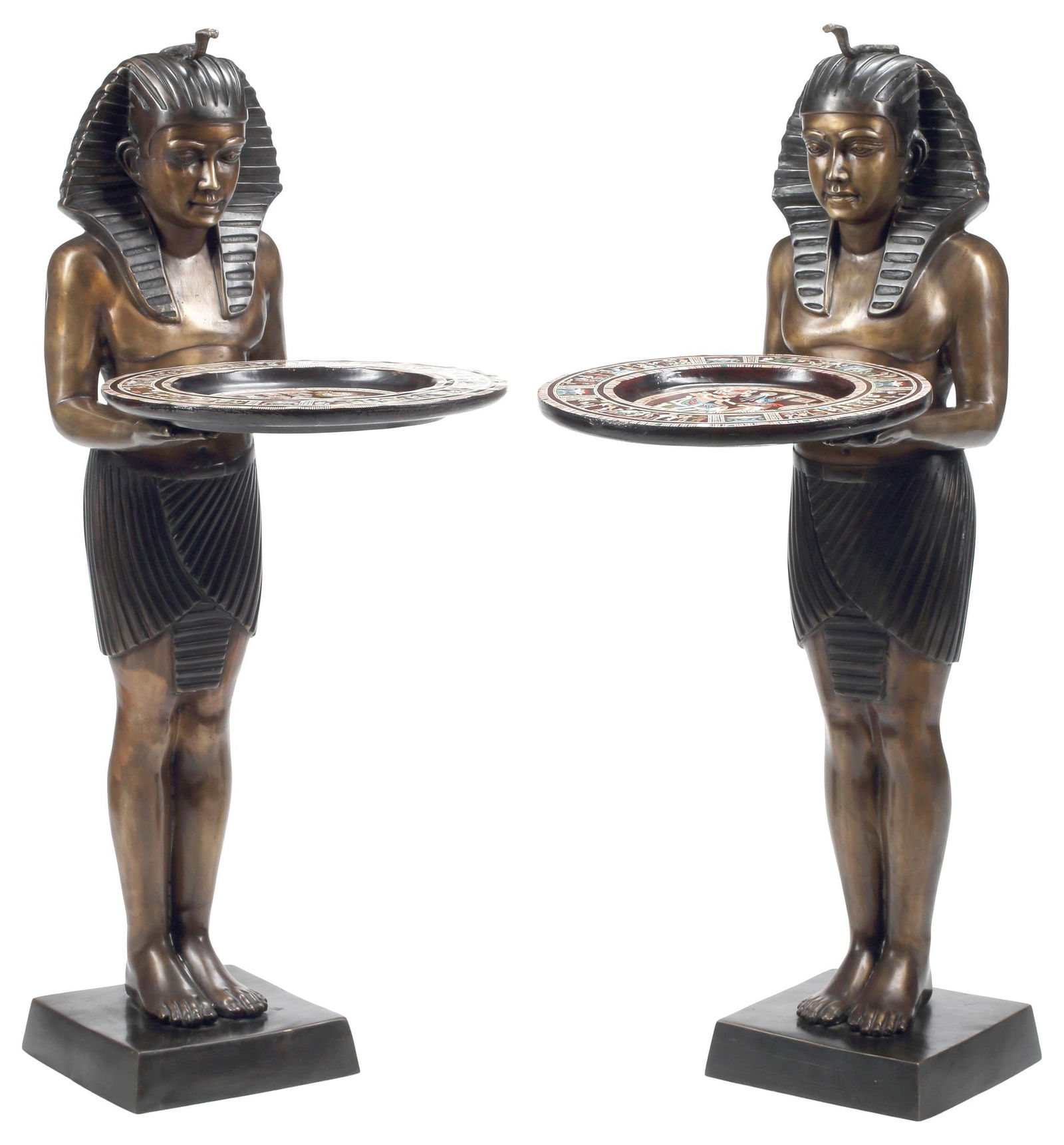 (2) EGYPTIAN REVIVAL PATINATED BRONZE FIGURAL TRAY TABLES: (pair) Egyptian Revival patinated bronze figures with removable inlaid chargers, signed in cast after Picault (Emile Louis Picault, French, 1833-1915), approx 45"h, 16"w, 22"d