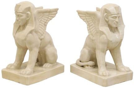 (2) LARGE EGYPTIAN REVIVAL CERAMIC SPHINX SCULPTURES, 27"H