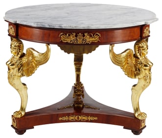 EMPIRE STYLE MARBLE-TOP PARCEL-GILT FIGURAL CENTER TABLE