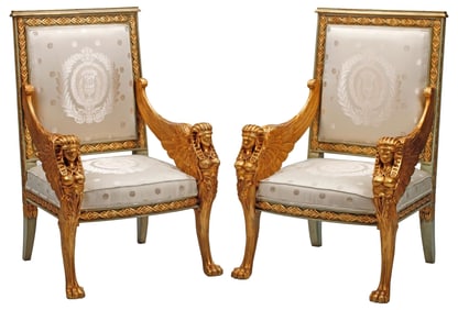 (2) ITALIAN EMPIRE STYLE PARCEL-GILT & PAINTED ARMCHAIRS