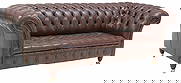 ENGLISH BROWN BUTTONED-LEATHER CHESTERFIELD SOFA: English Chesterfield three-seat sofa, late 20th c., covered overall in brown leather, with button-tufted back, seat, and out-turned arms, on turned legs with brass casters, approx 32.25"h, 85&quo