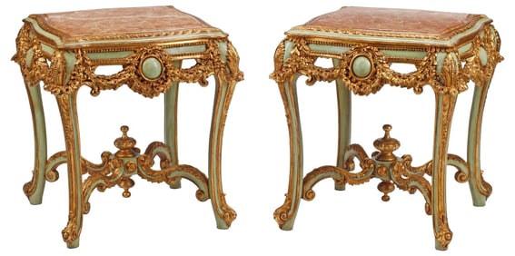 (2) LOUIS XV STYLE MARBLR-TOP & PAINT DECORATED SIDE TABLES