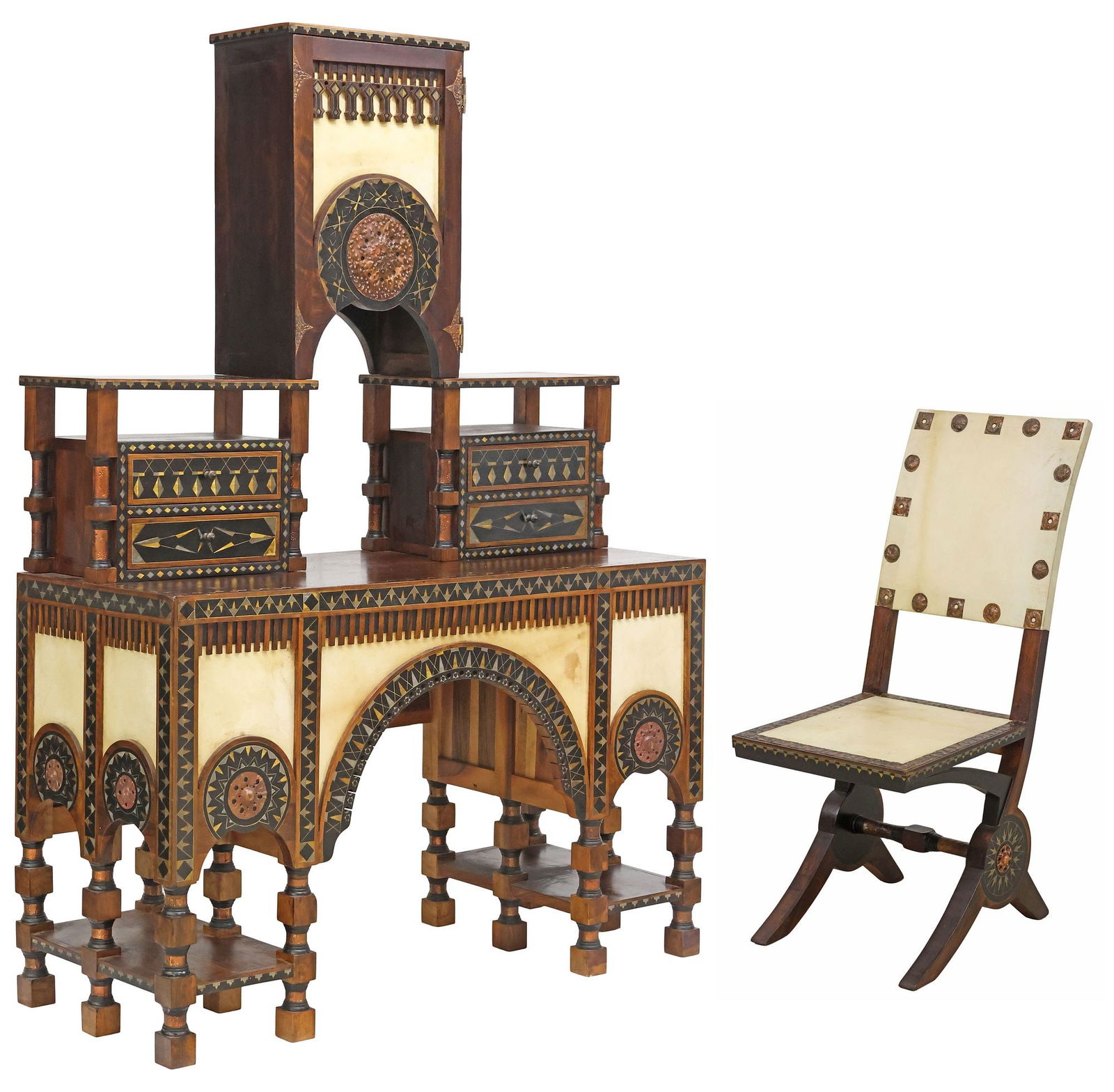 (2) MANNER OF CARLO BUGATTI PARCEL-EBONIZED & INLAID DESK & CHAIR: (lot of 2) Moroccan Moresque wood, parchment, and copper-clad secretaire/ writing desk and chair, in the manner of Carlo Bugatti (Italian, 1856-1940), 20th c., each mounted with pierced repousse coppe