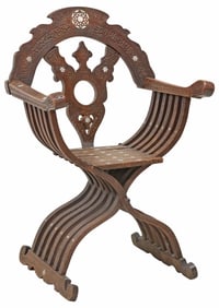 SYRIAN SAVONAROLA STYLE CARVED & INLAID CURULE ARMCHAIR