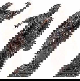 (2) FRENCH PATINATED BRONZE SCULPTURES, CLASSICAL MAIDENS: (lot of 2) French patinated bronze sculptures, Classical Maidens, each raised on marble base, largest: approx 25"h, 11"w, 7.5"d