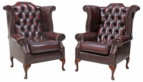 (2) ENGLISH QUEEN ANNE STYLE CHESTERFIELD WINGBACK ARMCHAIR