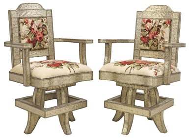 (2) ANGLO-INDIAN STYLE SILVERED METAL-CLAD SWIVEL ARMCHAIRS