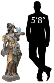 LARGE ORIENTALIST PAINTED TERRACOTTA FIGURE OF A MAIDEN, 44.75"H