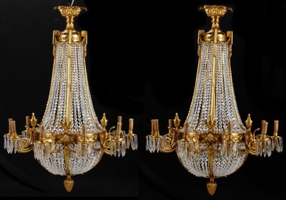 (2) EMPIRE STYLE ORMOLU & CRYSTAL SAC-A-PEARL 15-LIGHT CHANDELIERS