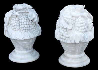 (2) ARCHITECTURAL MARBLE GRAPE BASKET GATE PIER FINIALS