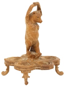 BLACK FOREST CARVED WALNUT FIGURAL BEAR CRUET STAND