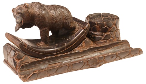 BLACK FOREST CARVED WALNUT FIGURAL BEAR & TREE TRUNK DESK SET