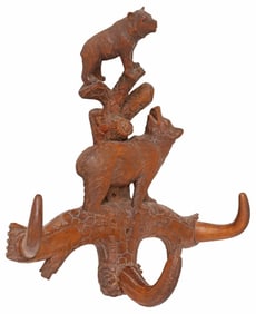 BLACK FOREST CARVED WALNUT BEARS WALL RACK WITH HOOKS