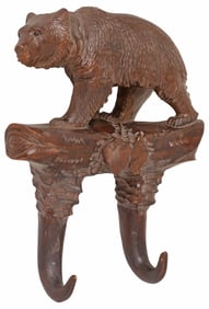 BLACK FOREST CARVED WALNUT BEAR WALL RACK WITH HORN-FORM HOOKS