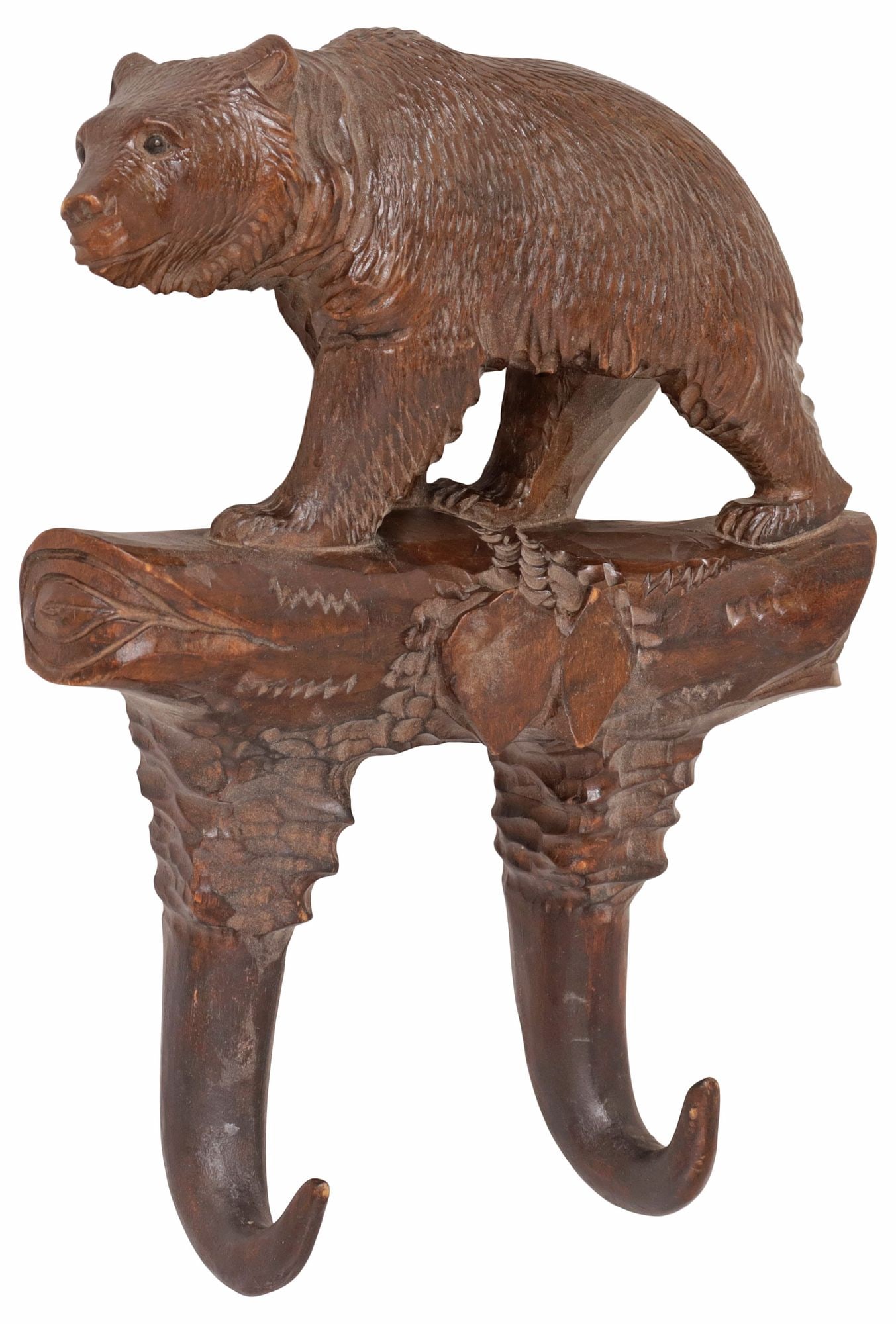 BLACK FOREST CARVED WALNUT BEAR WALL RACK WITH HORN-FORM HOOKS (1 of 4)