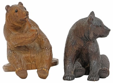 (2) BLACK FOREST CARVED WALNUT FIGURAL BEAR SCULPTURES