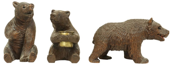 (3) BLACK FOREST CARVED WALNUT BEAR SCULPTURES, 1 THIMBLE HOLDER