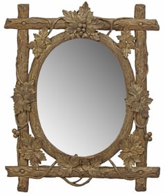 PATINATED BRONZE FAUX BOIS OVAL MIRROR, 25.5" X 21"