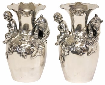 (2) FRENCH ART NOUVEAU SILVERED-METAL FIGURAL VASES