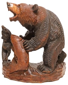 LARGE JAPANESE HOKKAIDO AINU STYLE CARVED WOOD SCULPTURE, BEAR & CUB