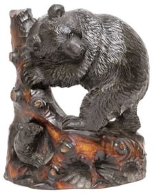 JAPANESE HOKKAIDO AINU STYLE CARVED WOOD SCULPTURE, BEAR & CUB
