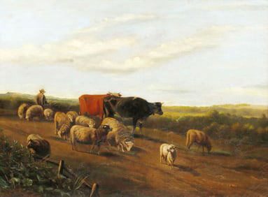 MANNER OF FRANZ DE BEUL (1849-1919) BUCOLIC PAINTING, SHEPHERD & FLOCK