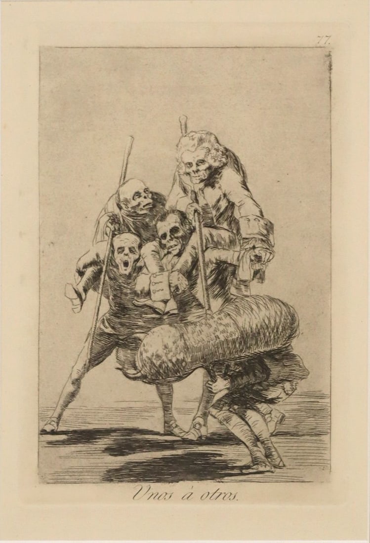 AFTER FRANCISCO GOYA (1746-1828) ETCHING, 'WHAT ONE DOES TO ANOTHER': Framed etching on laid paper, "Unos a otros (What one does to another)," after Francisco Goya (Francisco Jose de Goya y Lucientes, Spanish, 1746-1828), apparently unsigned, from portfolio &q
