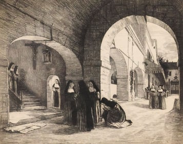 PAUL ADOLPHE RAJON (D.1888) ENGRAVING AFTER FRANCOIS BONVIN, NUNS IN A CONVENT