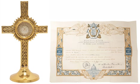 1ST-CLASS RELIC OF POPE PIUS X IN THECA & CROSS RELIQUARY WITH COA