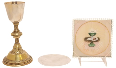 (3) LITURGICAL TRAVELING COMMUNION SET WITH CHALICE, PALL & STERLING PATEN