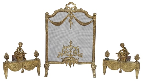 (3) FRENCH LOUIS XVI STYLE ORMOLU CHENETS & FIREPLACE SCREEN