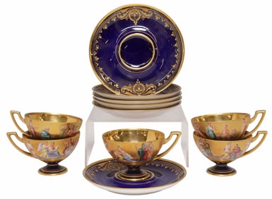 (11) VIENNA STYLE HAND-PAINTED & GILT DEMITASSE CUPS & SAUCERS