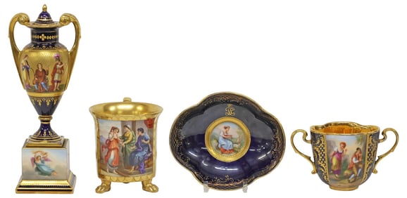 (4) ROYAL VIENNA COBALT PORCELAIN TABLEWARE & BERLIN KPM FOOTED CUP