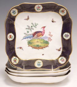 (4) COPELAND SPODE HAND-PAINTED BIRDS GILT & COBALT CABINET PLATES