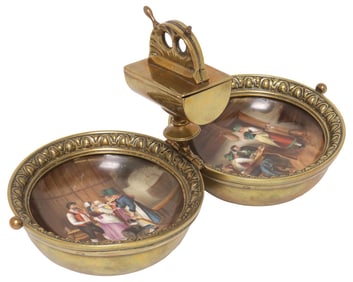 CONTINENTAL BRASS & PAINTED PORCELAIN SMOKER'S SET