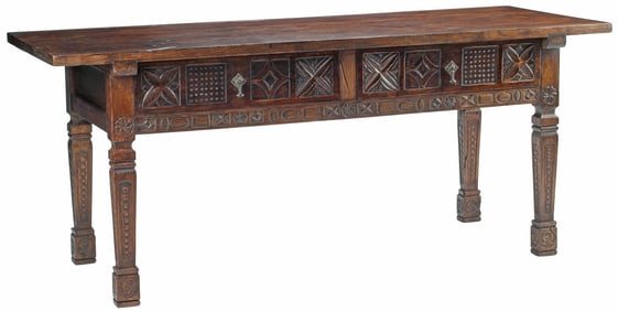 LARGE BAROQUE STYLE GEOMETRIC CARVED OAK LIBRARY TABLE