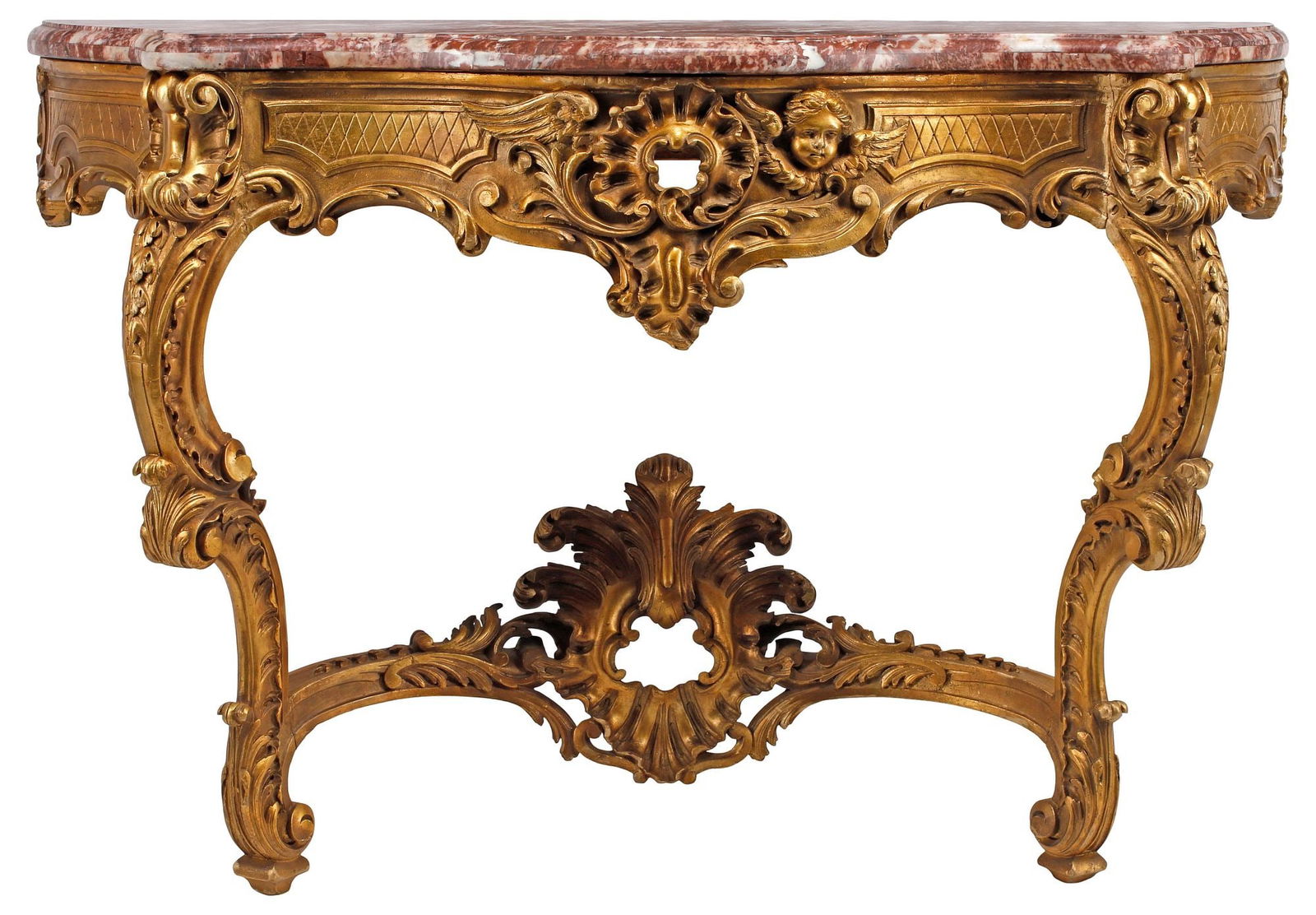LOUIS XV STYLE MARBLE-TOP GILTWOOD CONSOLE TABLE: Louis XV style giltwood console table, 19th c., shaped marble top with molded edge, above a serpentine frieze carved with rocaille and c-scrolls, on cabriole legs, joined with stretchers centered by a