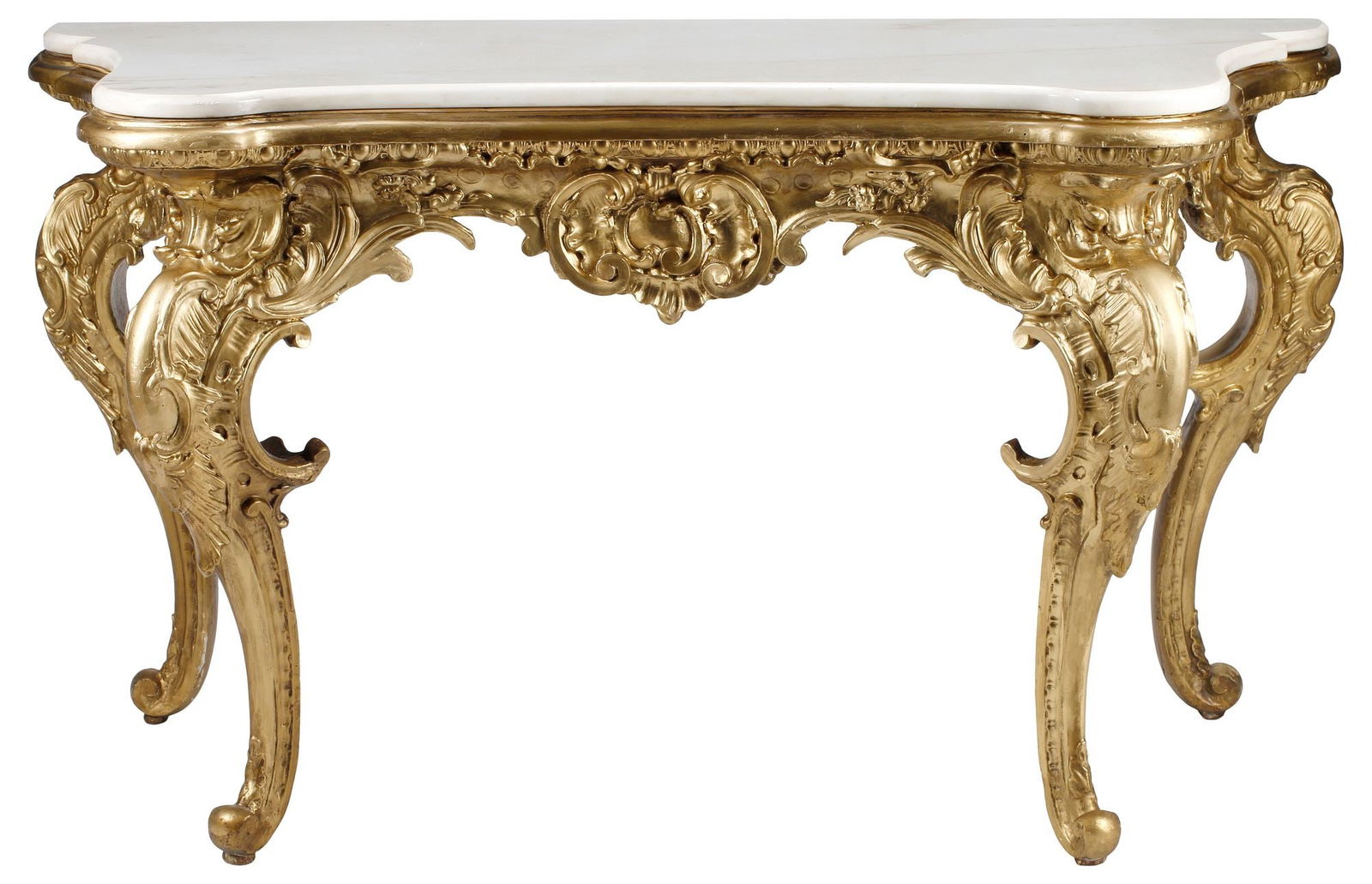 ITALIAN ROCOCO PERIOD MARBLE-TOP GILTWOOD CONSOLE TABLE: Italian Rococo giltwood console table, 18th c., having shaped marble top, above scrolling foliate apron, rising on cabriole legs, ending on whorl feet, some later gilt-painted touch ups, reinforcement