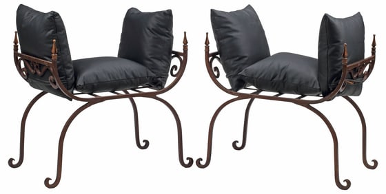 (2) SAVONAROLA STYLE WROUGHT IRON CURULE BENCHES WITH CUSHIONS