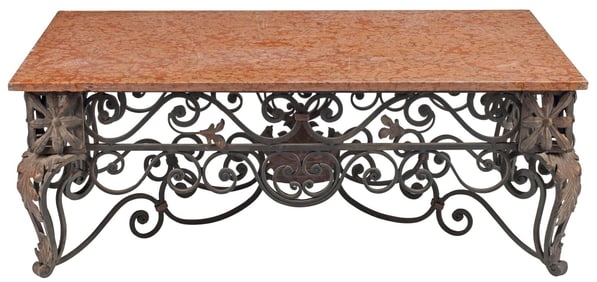 SPANISH WROUGHT IRON & ROSSO VERONA MARBLE COFFEE TABLE