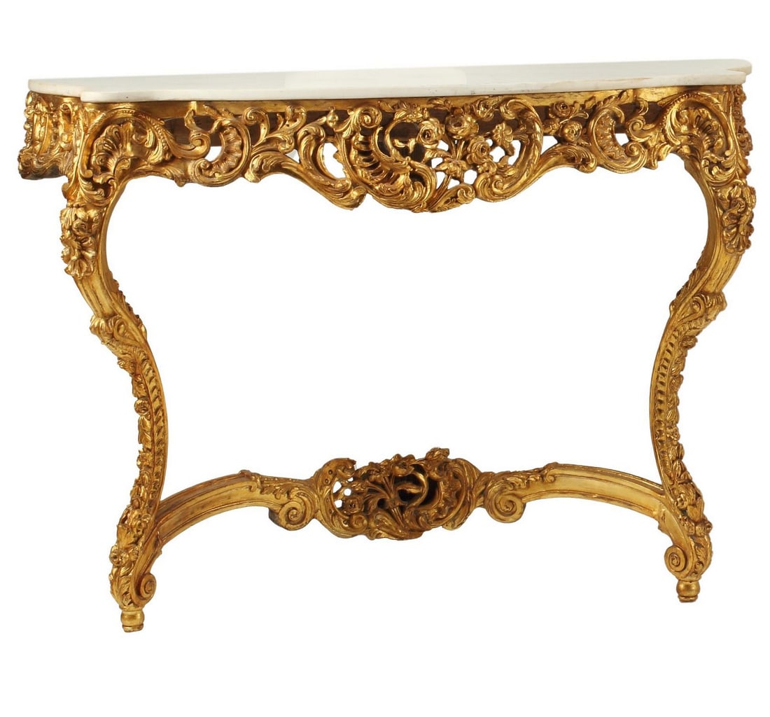 LOUIS XV STYLE MARBLE-TOP GILT WALL CONSOLE TABLE: Louis XV style marble-top gilt console table, approx 36"h, 48.5"w, 17.5"d